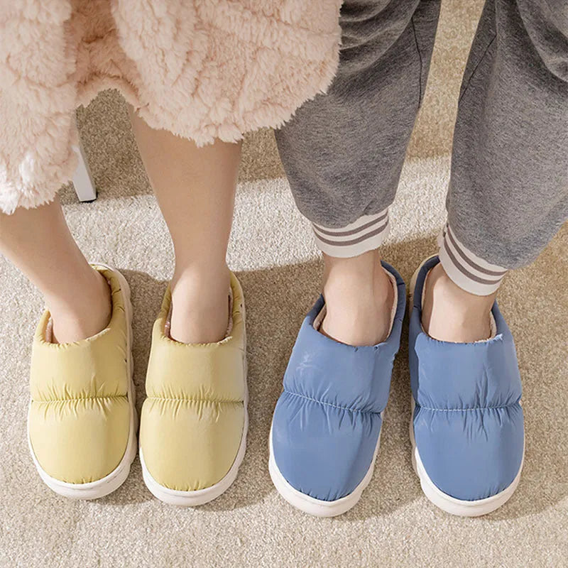 Down cotton slippers with artificial leather upper and rubber anti-slip sole in blue colour