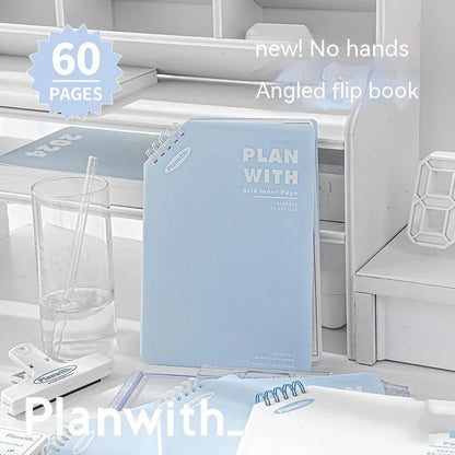Oblique Angle notebook with 60 sheets, A5 or B5 size, white or plaid blue cover options for student use