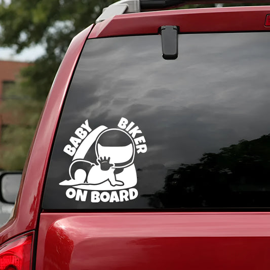 Reflective black BABY ON BOARD car sticker measuring 14.5 by 15 centimetres.