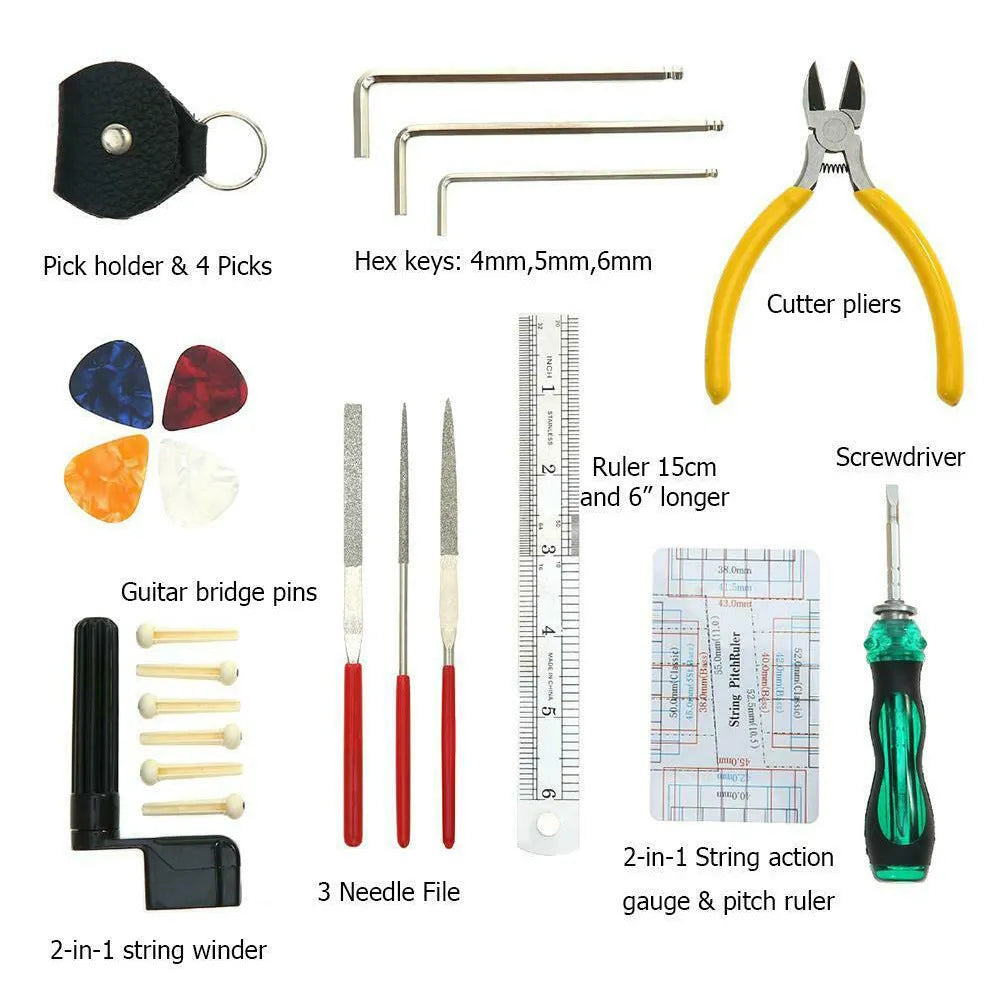 Black guitar repair kit with tools in a 200x100x45mm case for guitars, basses, mandolins, banjos