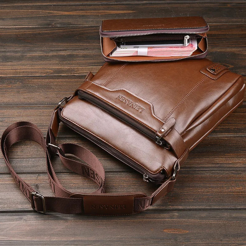 Men's soft messenger shoulder bag with zip closure and polyester lining in black, brown, or khaki