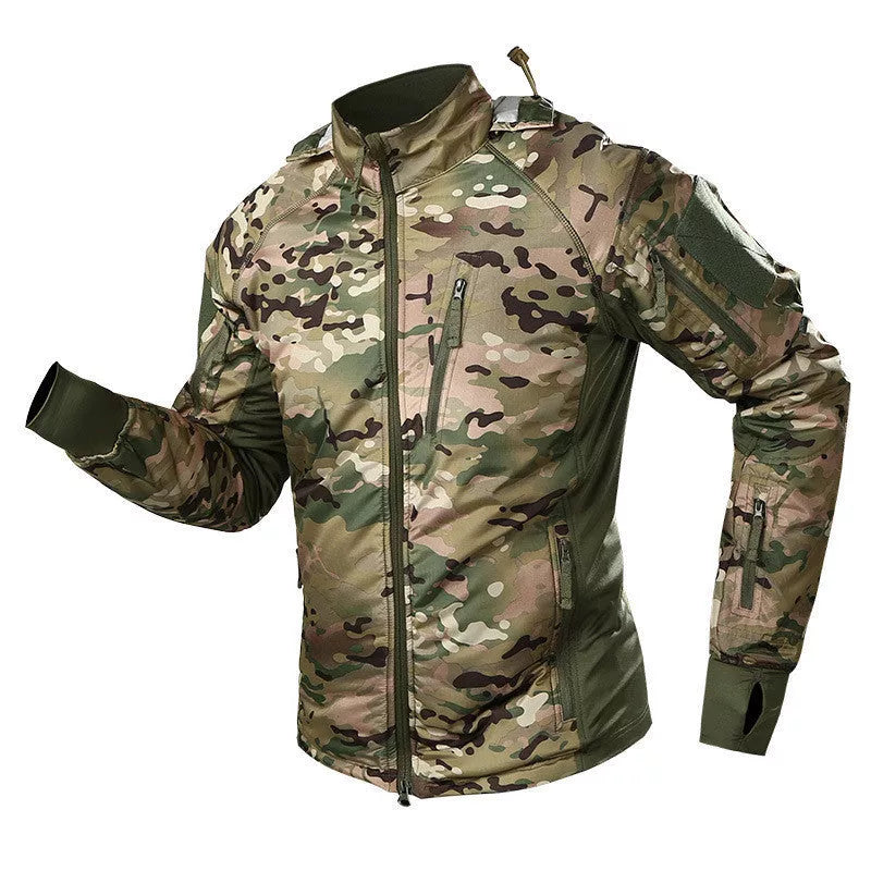 Durable nylon camouflage jacket for outdoor adventures, available in multiple sizes and colors.