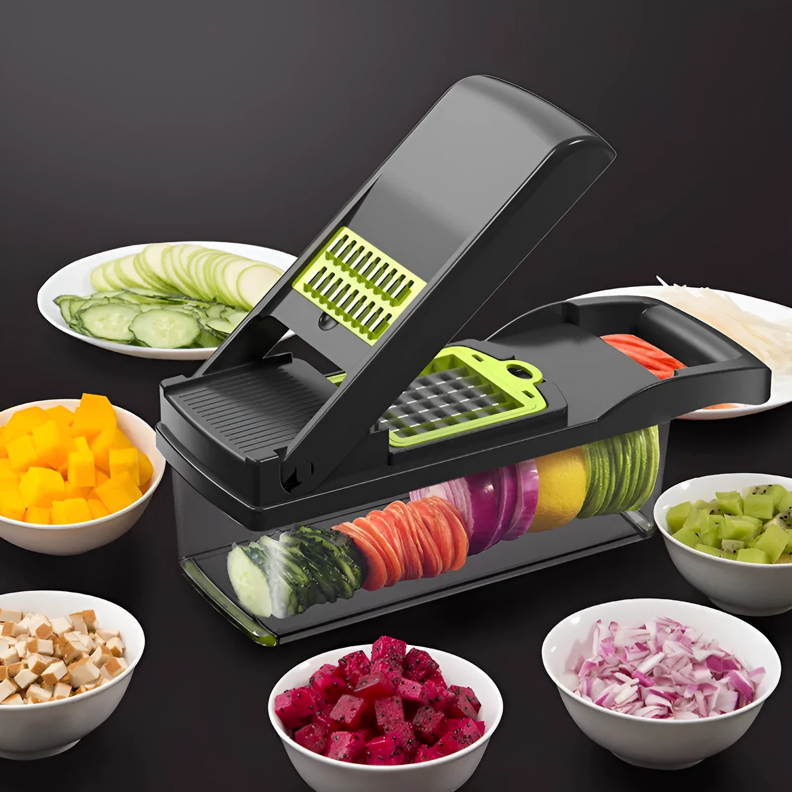 Multifunctional vegetable cutter with seven stainless steel blades on a food-grade plastic body.
