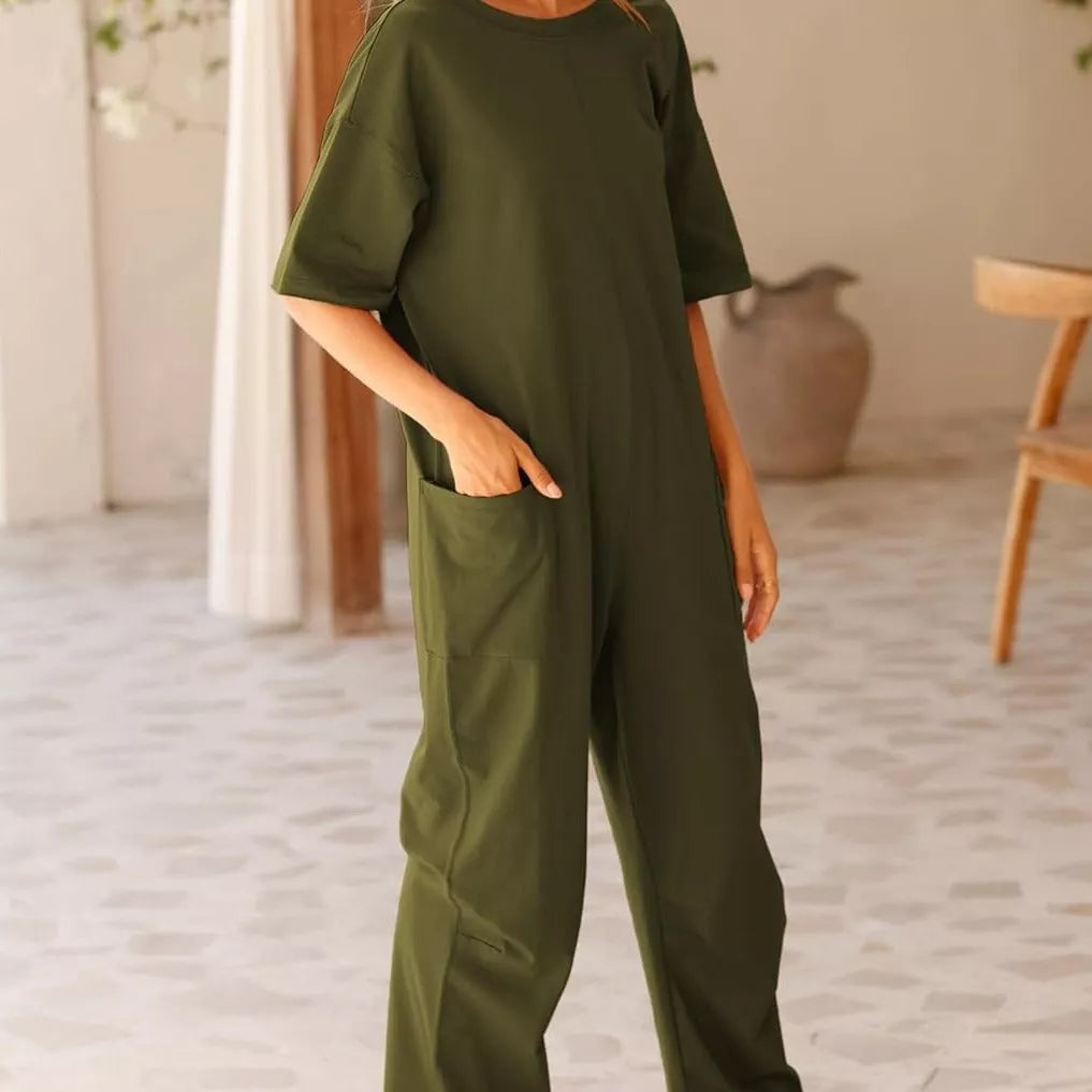 Women's Stretch V-neck Jumpsuit with pockets in gray, brown, green, white, and black