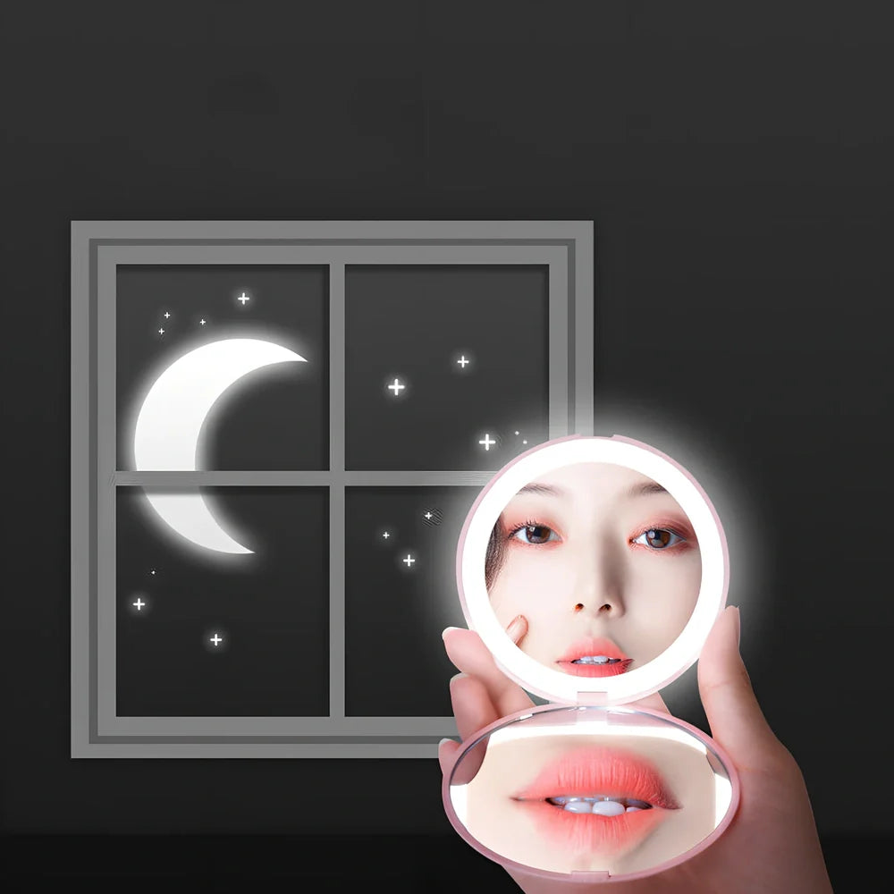 Mini LED makeup mirror with dual magnification and 80 LED lights in compact 90mm design