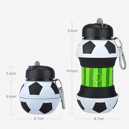 Collapsible soccer-shaped water bottle with straw, made of food-grade silicone for sports and travel hydration