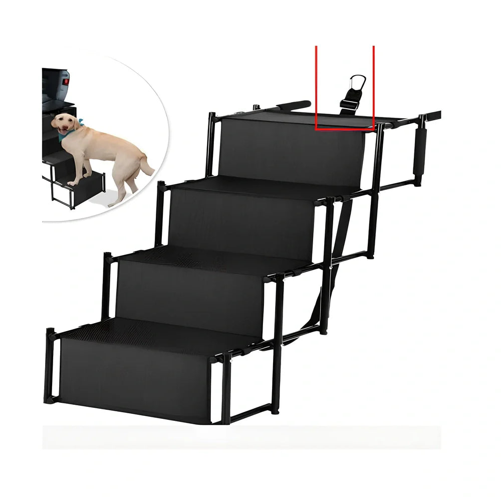 Black folding pet car steps with steel frame and Oxford cloth steps, folded to 101x76x45cm