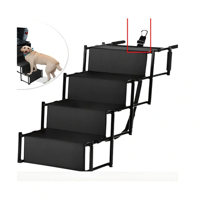 Black folding pet car steps with steel frame and Oxford cloth steps, folded to 101x76x45cm