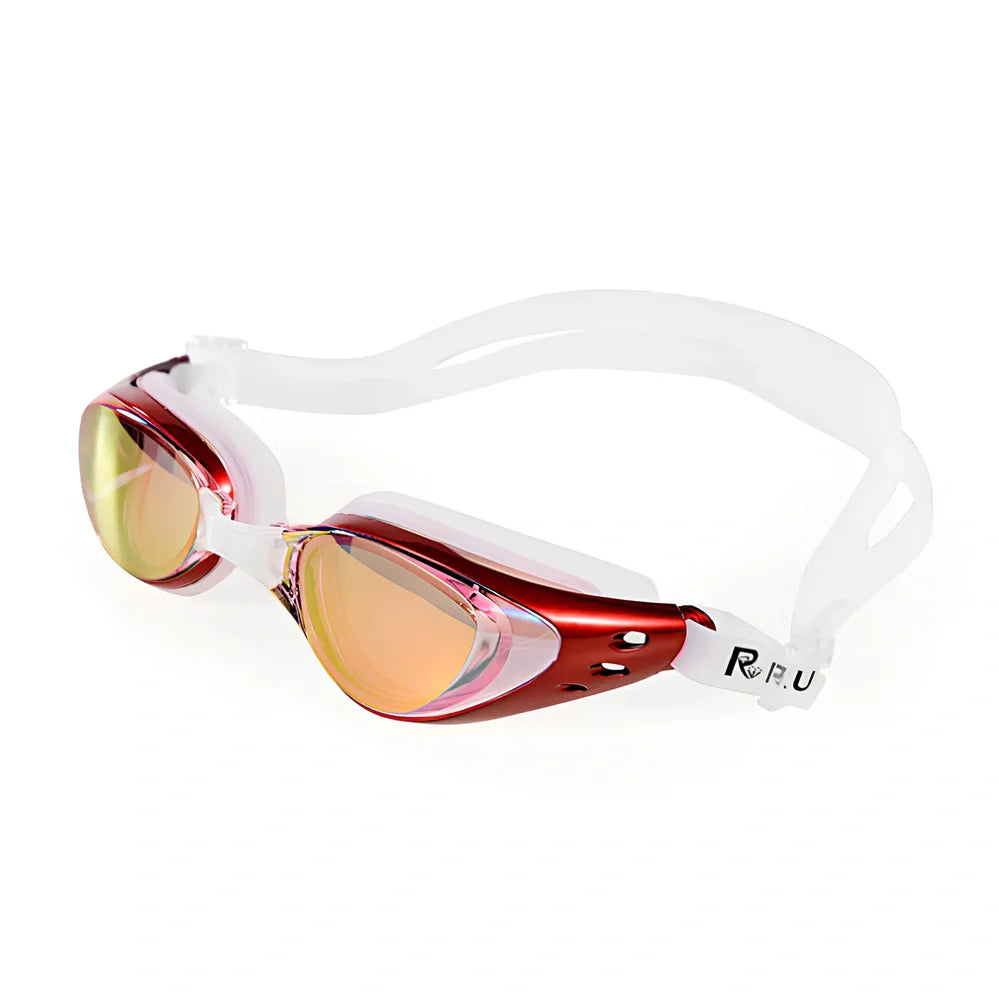 Anti-fog swimming goggles with UV-resistant mirror lenses and silicone straps in multiple colour options