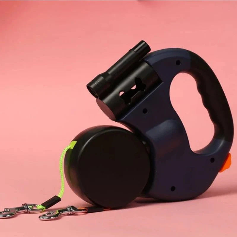 Dual-headed retractable dog leash with flashlight and waste bag holder in grey and red