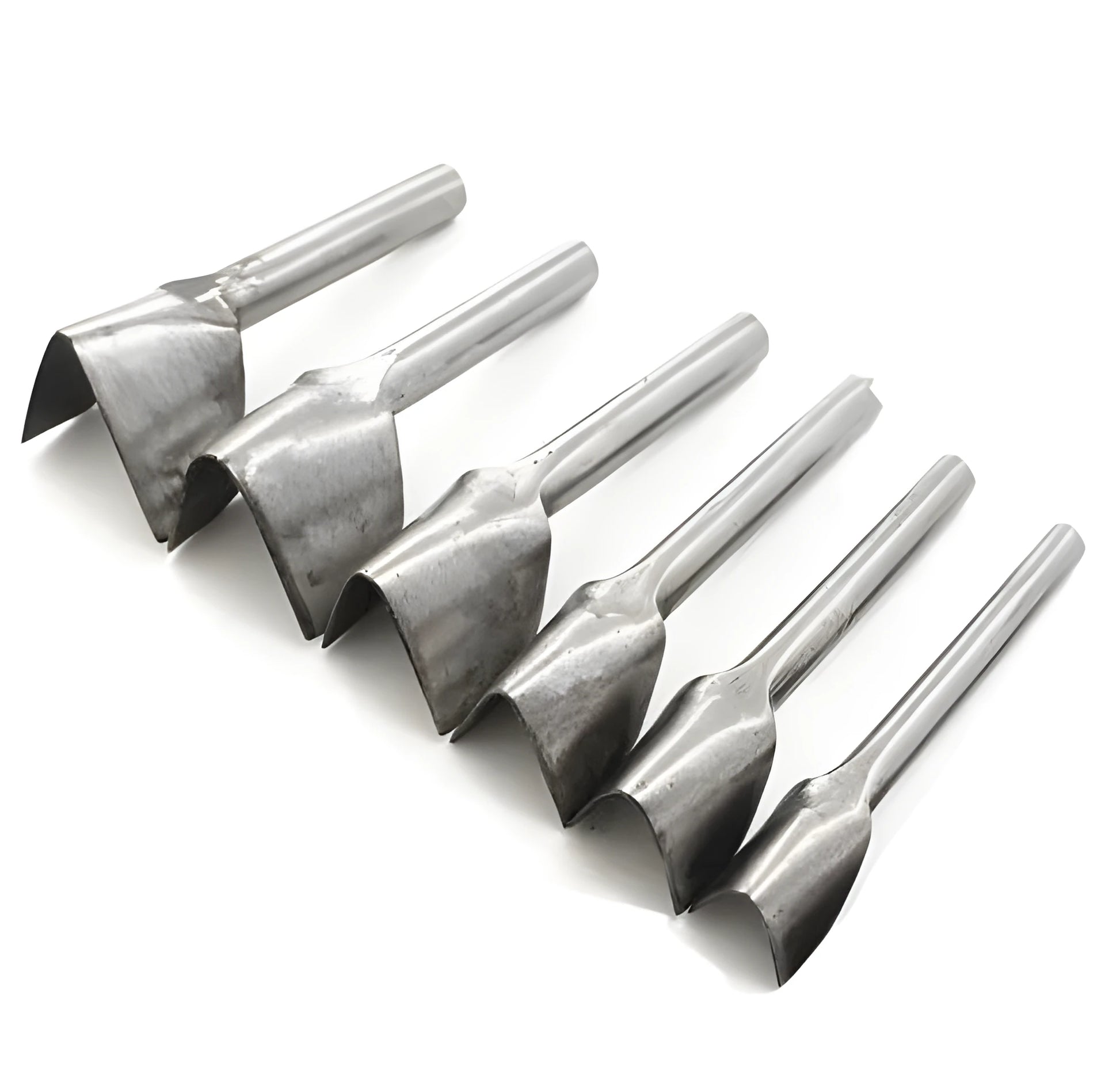 Six steel leather craft punch tools showing half-round and V-shaped profiles in sizes from 15mm to 40mm.