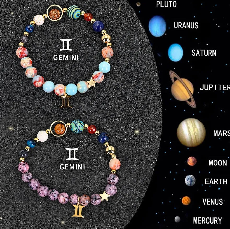 Twelve Zodiac Sign natural stone beaded bracelets with adjustable 20-24cm length showing distinct astrological designs