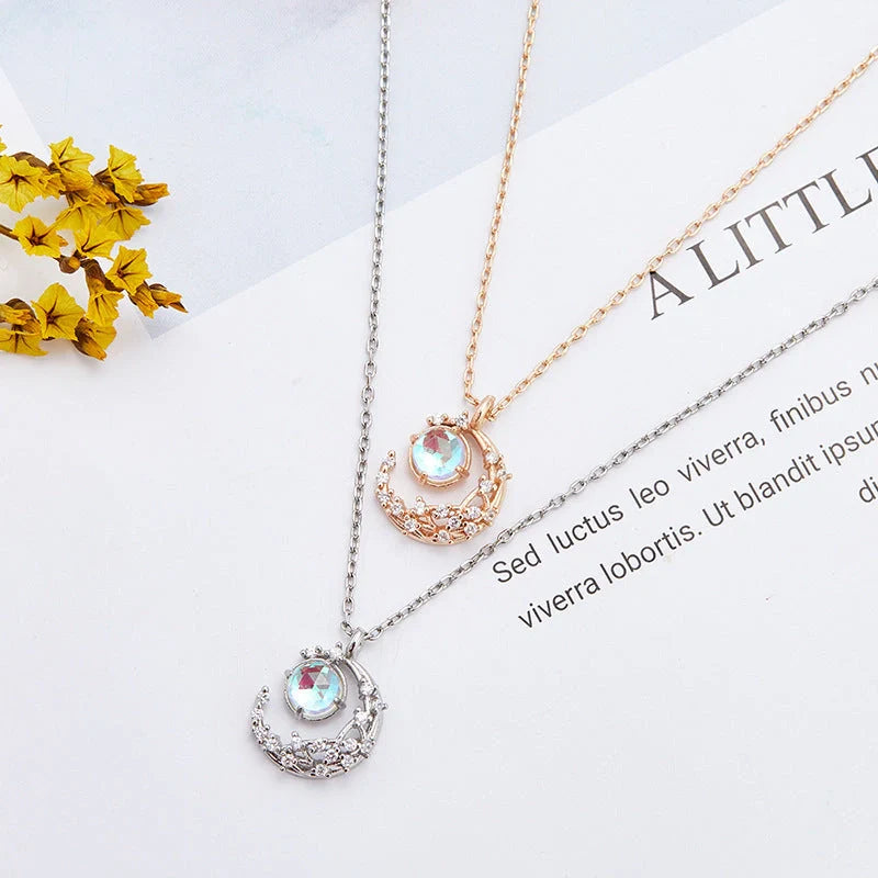 Ladies Moon Necklace with diamond-processed alloy pendant and adjustable chain