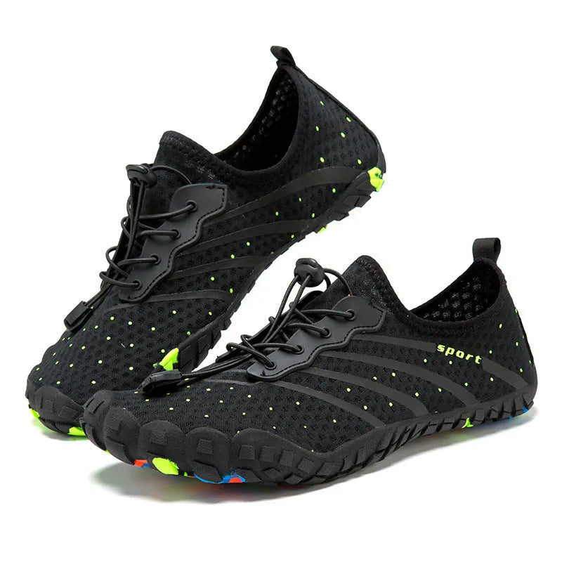 Fast drainage outdoor fitness shoes in army green colour with mesh upper and rubber sole