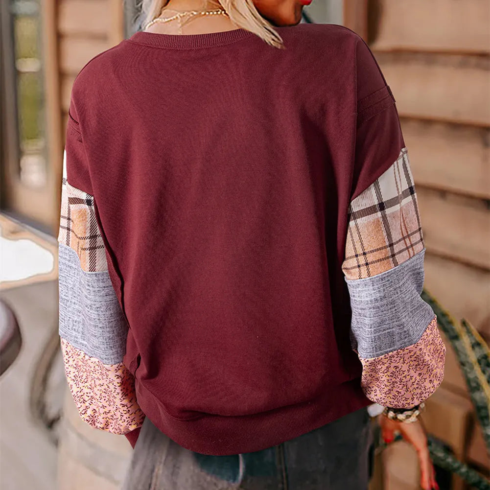 Women's plaid stitching long-sleeved polyester pullover top in loose fit beige and red colours