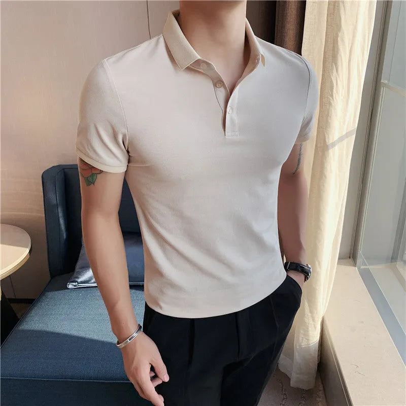 Solid colour cotton blend polo shirt with lapel collar and short sleeves in Korean style fit