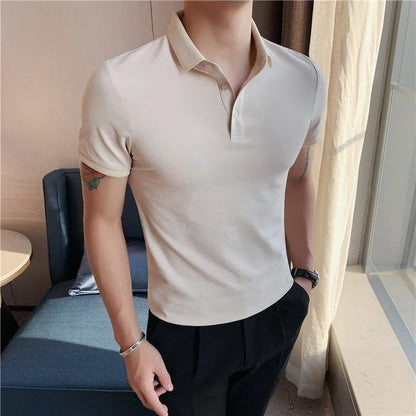 Solid colour cotton blend polo shirt with lapel collar and short sleeves in Korean style fit