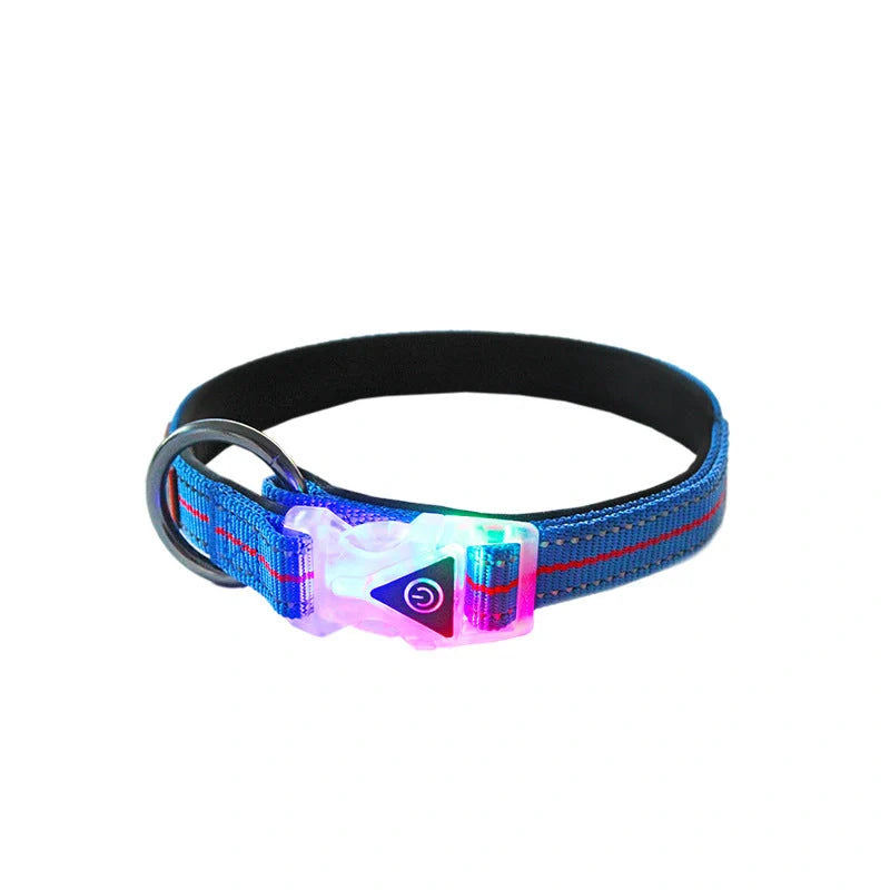 Nylon LED luminous pet collar leash in red, blue, and black with adjustable light modes