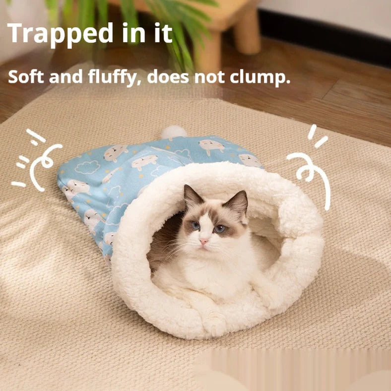 Blue rabbit pattern cat sleeping bag nest measuring 50cm by 40cm with enclosed design