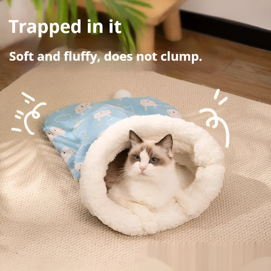 Pink flannel cat sleeping bag nest bed measuring 50 by 40 centimetres.