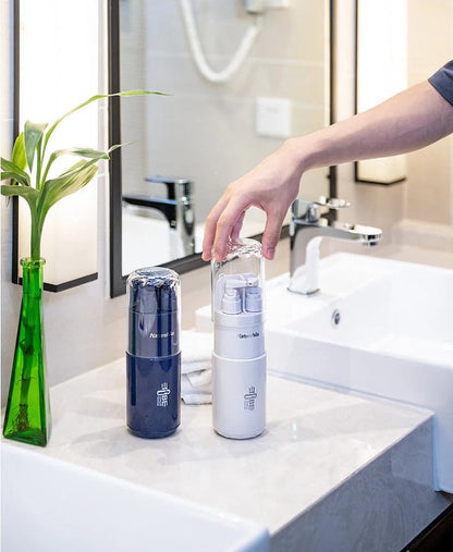 Multifunctional wash cup set includes two bottles, one cup, mirror, and comb for organized grooming