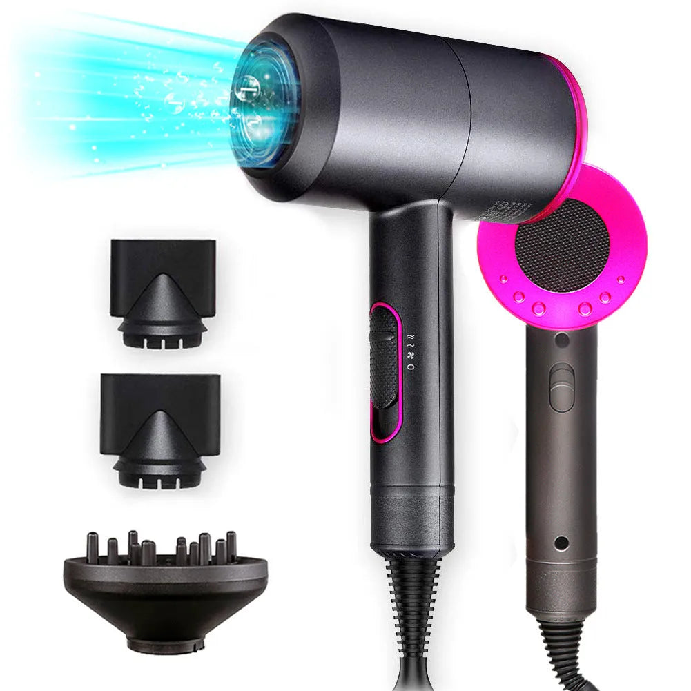 Black hotel hair dryer with 2.5m cable, concentrator nozzle, and multiple international plug adapters