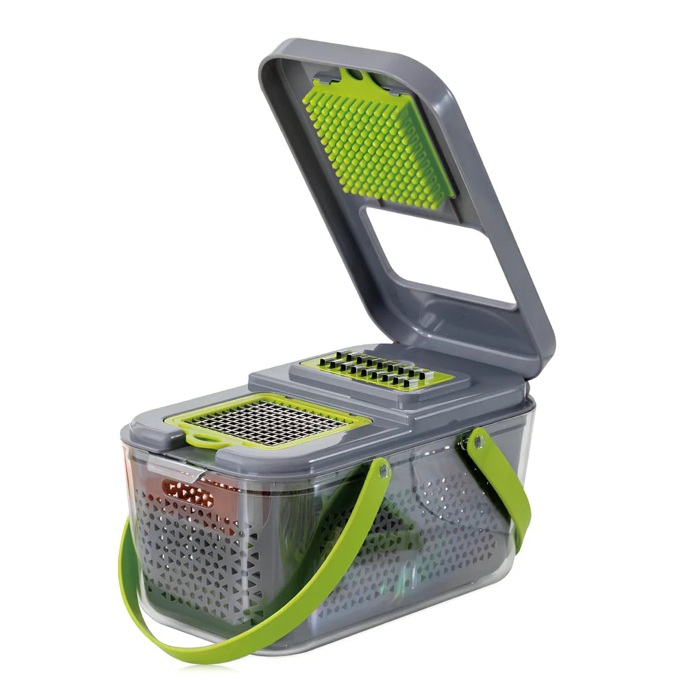 Grey multi-function vegetable cutter with stainless steel blades and foldable compartment design measuring 26cm