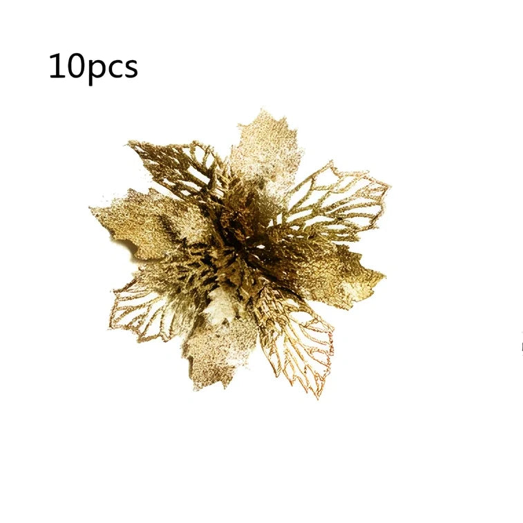 Glitter artificial Christmas flowers measuring 11cm with sparkling coating in various colour options