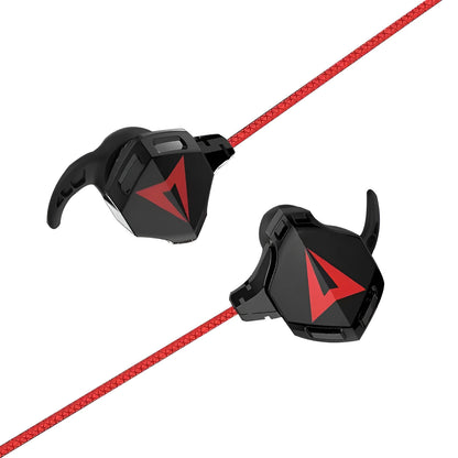 Black red 3.5mm in-ear gaming earphones with mic, 10mm driver, silicone eartips, and 1.2m TPE cable