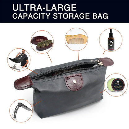 Men's beard grooming set with wooden brush, metal comb, and scissors