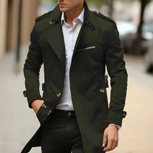 Men's solid colour cotton jacket with lapel collar and side seam pockets in Army Green.