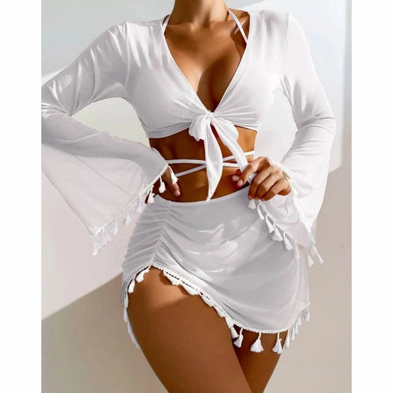 4-piece solid color bikini set with skirt and long sleeve cover-up