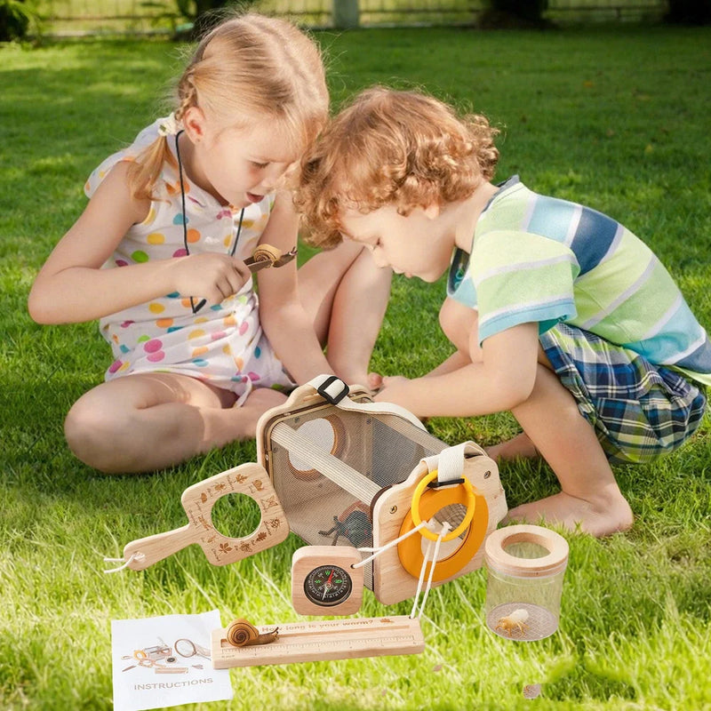 Outdoor exploration science experiment teaching aids suit with wooden telescope and book for hands-on brain training and sensory development in infants aged 0-3 years