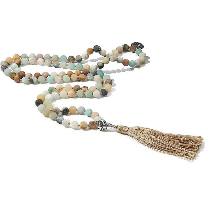 Handmade knotted beaded necklace, 108 pieces with 8mm natural stone beads, unisex Buddhist mala or meditation accessory in 12 colours including turquoise, agate, and tiger eye, over 81cm circumference.