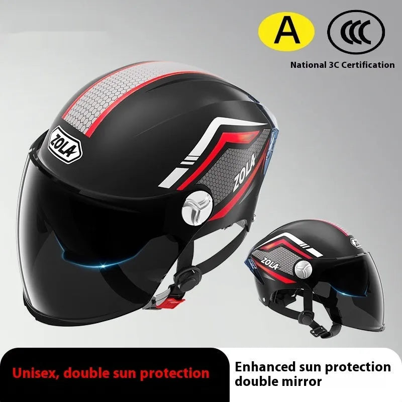 Men's and women's battery motorcycle half helmet with double mirror visor in light brown colour, 3C-certified ABS construction