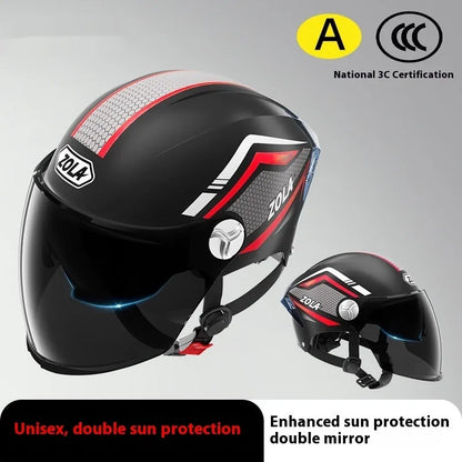 Men's and women's battery motorcycle half helmet with double mirror visor in light brown colour, 3C-certified ABS construction