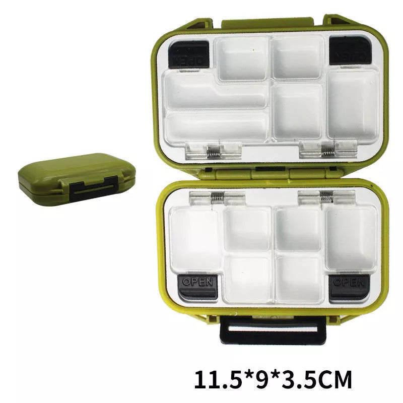 Double-layer spring fishing accessory box in army green, orange, black, and grey colors