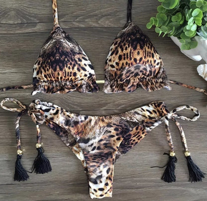 Skull leopard print split bikini in sizes S, M, L for bold swimwear choices