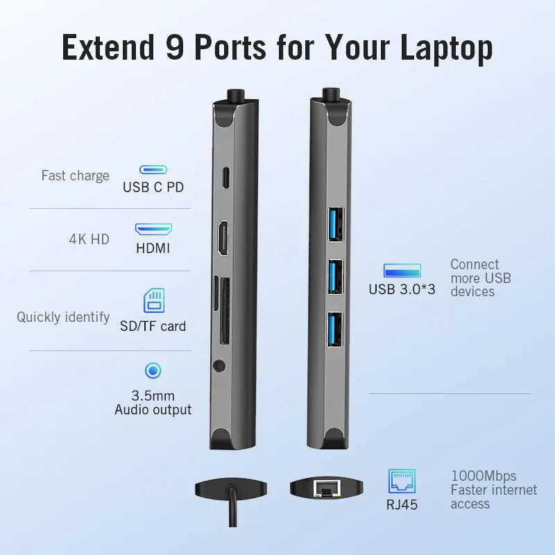 Deep grey Type-C to HDMI, USB, Ethernet, and card reader hub with 0.15m cable on a laptop