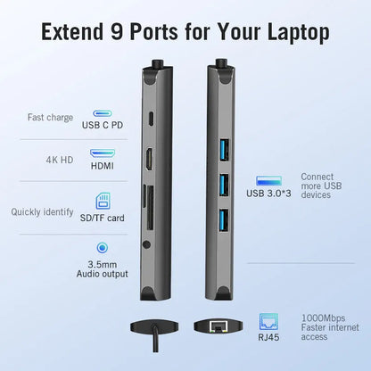 Deep grey Type-C to HDMI, USB, Ethernet, and card reader hub with 0.15m cable on a laptop