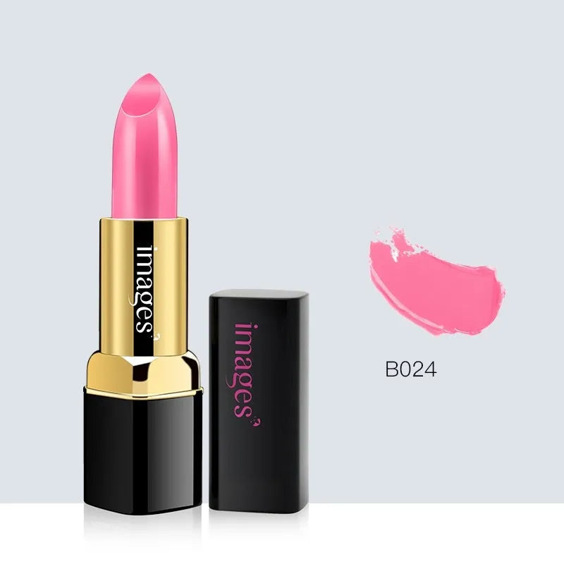 Moisturising lip gloss stick in a compact case, shown in shades like coral red and barbie pink.