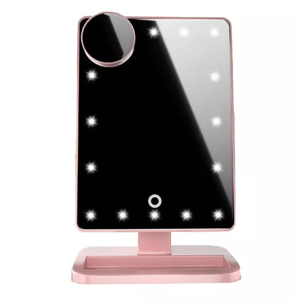 Touch screen makeup mirror with LED lights and Bluetooth speaker in black, white, champagne, and rose gold
