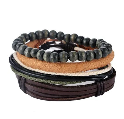 Hand-woven brown leather bracelet with wooden beads and rope detailing on a wrist.