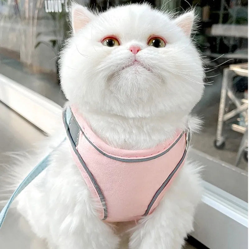 Cat Pulling Rope Vest Reflective Chest Strap for secure outdoor walking with adjustable suede harness, available in multiple colours and sizes from S for cats under 4kg up to XXL