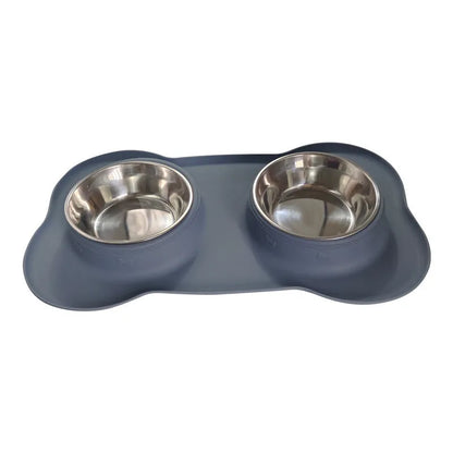 Large silver grey silicone dual compartment dog bowl with stainless steel base for separating food types