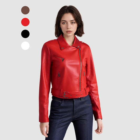 Women's red PU leather jacket with lapel and adjustable belt, street fashion style