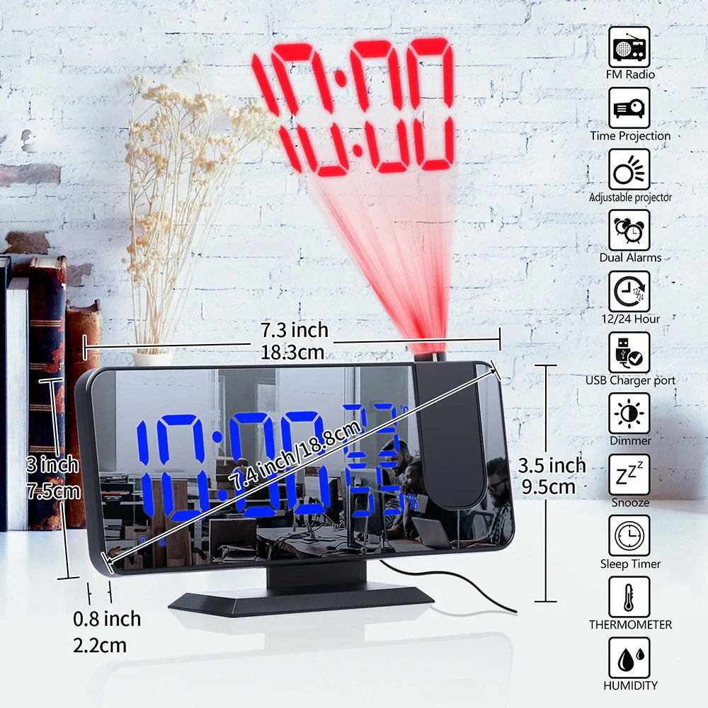 Multifunctional Radio Projection Alarm Clock with adjustable brightness and USB charging port