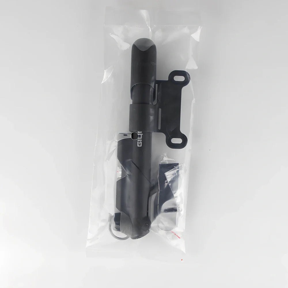 Black portable bicycle mini pump with pressure gauge, T-shaped handle, measuring 235mm long