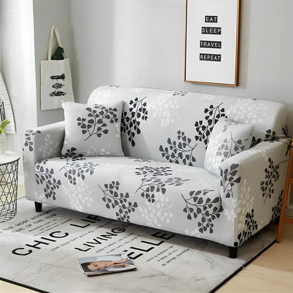 Elastic sofa cover with stripe pattern stretched over 3-seat sofa in living room setting