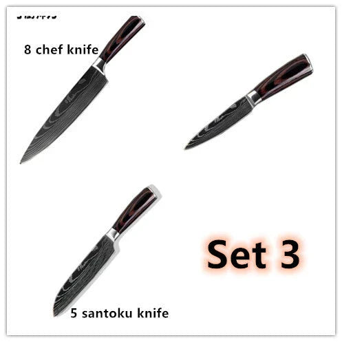 Premium 8-Piece Stainless Steel Chef Knife Set with Elegant Damascus Pattern Blades and Ergonomic Handles